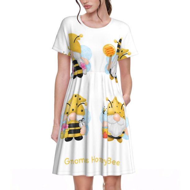 Balery Gnomes Honey Bee Vestidos sueltos de manga corta para mujer, vestidos de verano 2025, vestidos casuales de corte A con vuelo.