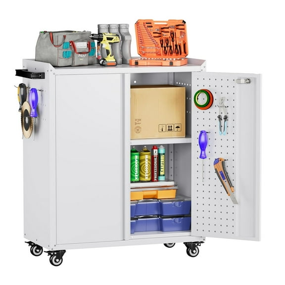 OCHAPA Locking Mobile Tool Chest on Wheels, 2-Door Metal Garage Workstation with Workbench & Hooks, White