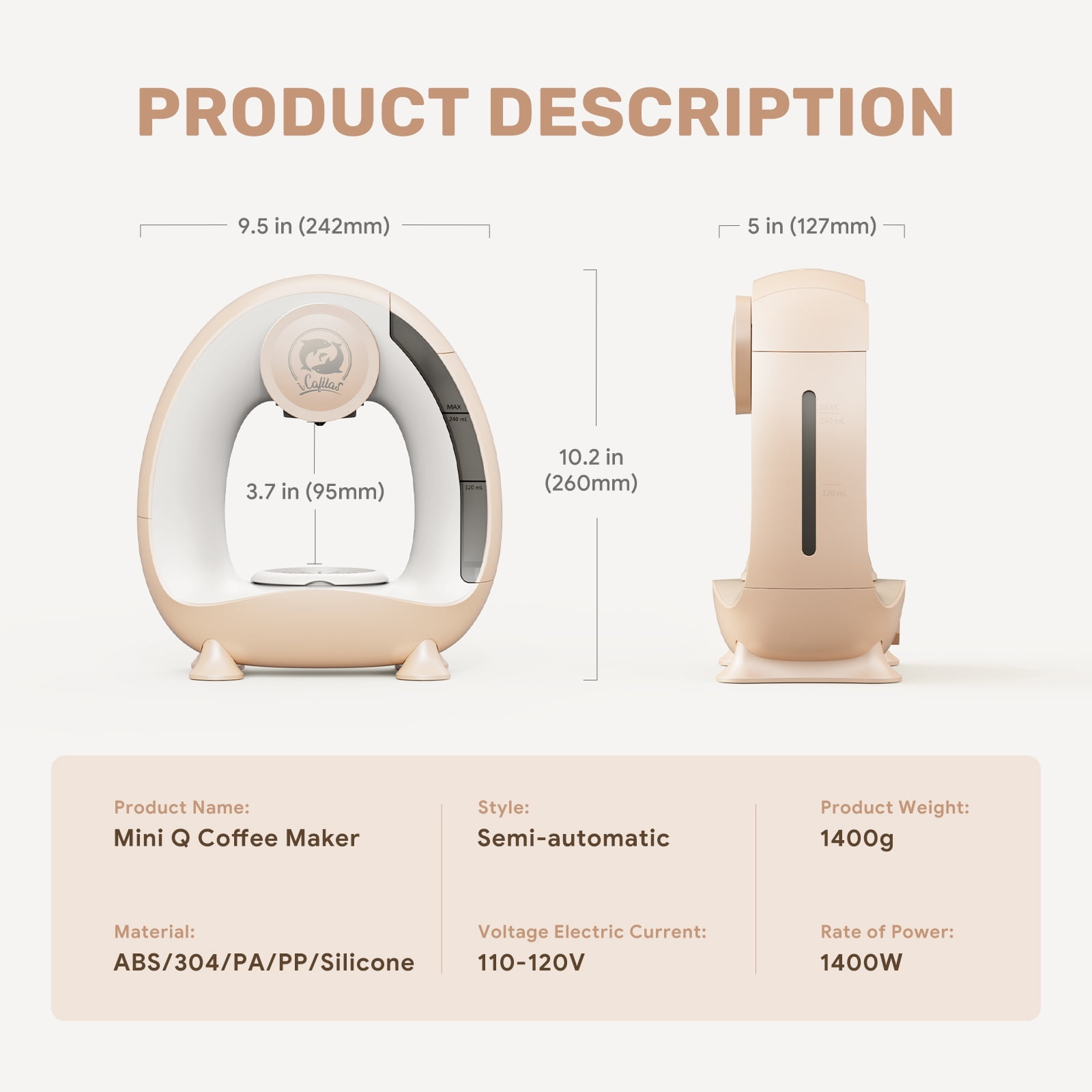 i Cafilas MINI Q Single Serve Coffee Maker Machine for Ground Coffee Low Decibel Silent No Vibration,Champagne