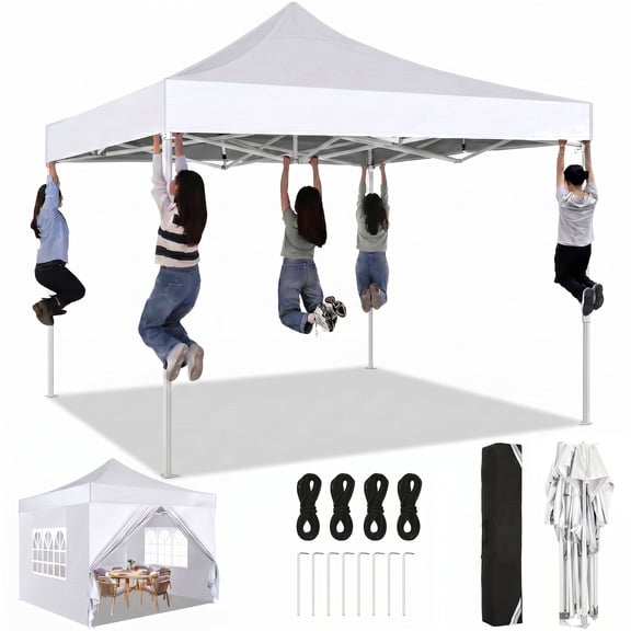 HOTEEL 10x10 Heavy Duty Pop up Canopy EZ Commercial Outdoor Tent Portable Party Wedding Instant Canopy Shelter All Season Anti-UV Waterproof Tent Gazebo with 4 Removable Sidewalls, Carry Bag, White