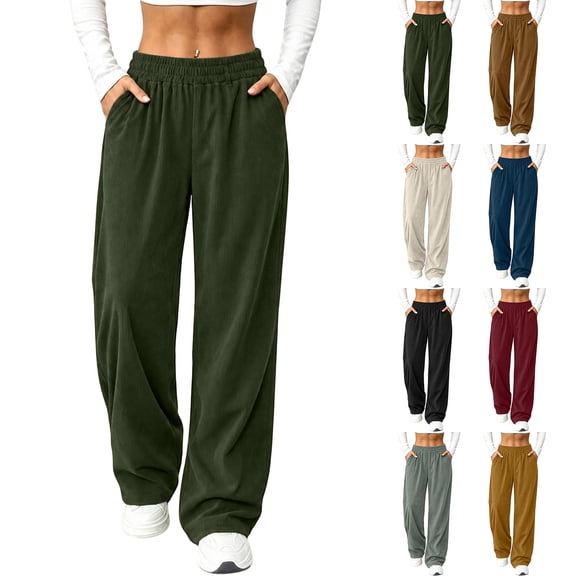 Tqcoqu Women's Corduroy High Waist Wide Leg Pants,Casual Waist Trousers with Side Pockets For Fall Winter
