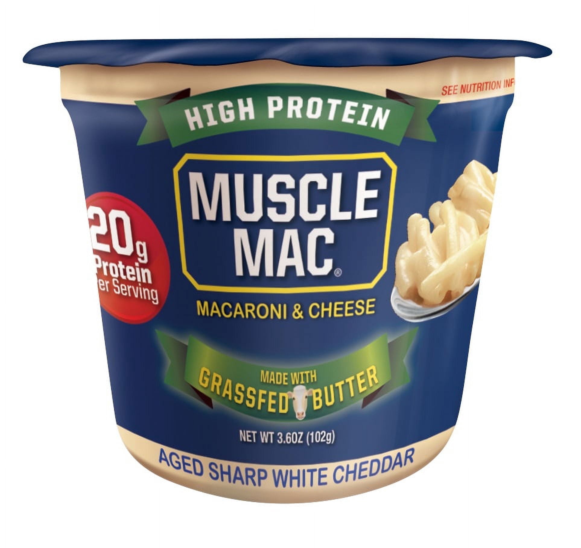 (5 pack) Muscle Mac Microwavable Macaroni & Cheese Cups - Aged Sharp White Cheddar Cheese - Made With Real Cheese & Butter (Updated Formula) - Vegetarian-Friendly Pea Protein - 3.6 oz