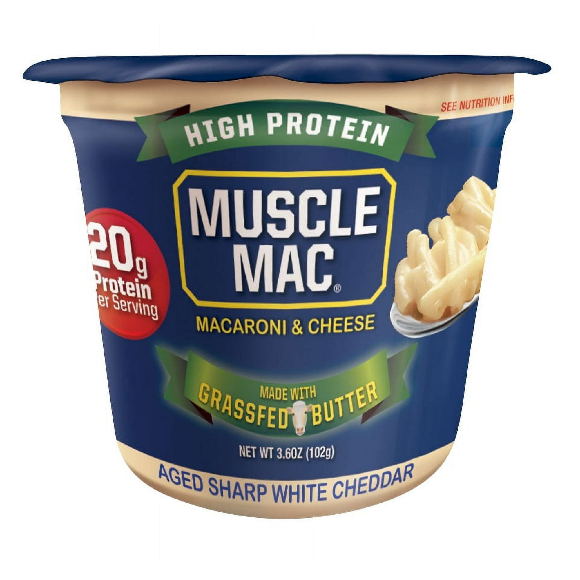 Muscle Mac Microwavable Macaroni & Cheese Cups - Aged Sharp White Cheddar Cheese - Made With Real Cheese & Butter (Updated Formula) - Vegetarian-Friendly Pea Protein - 3.6 oz