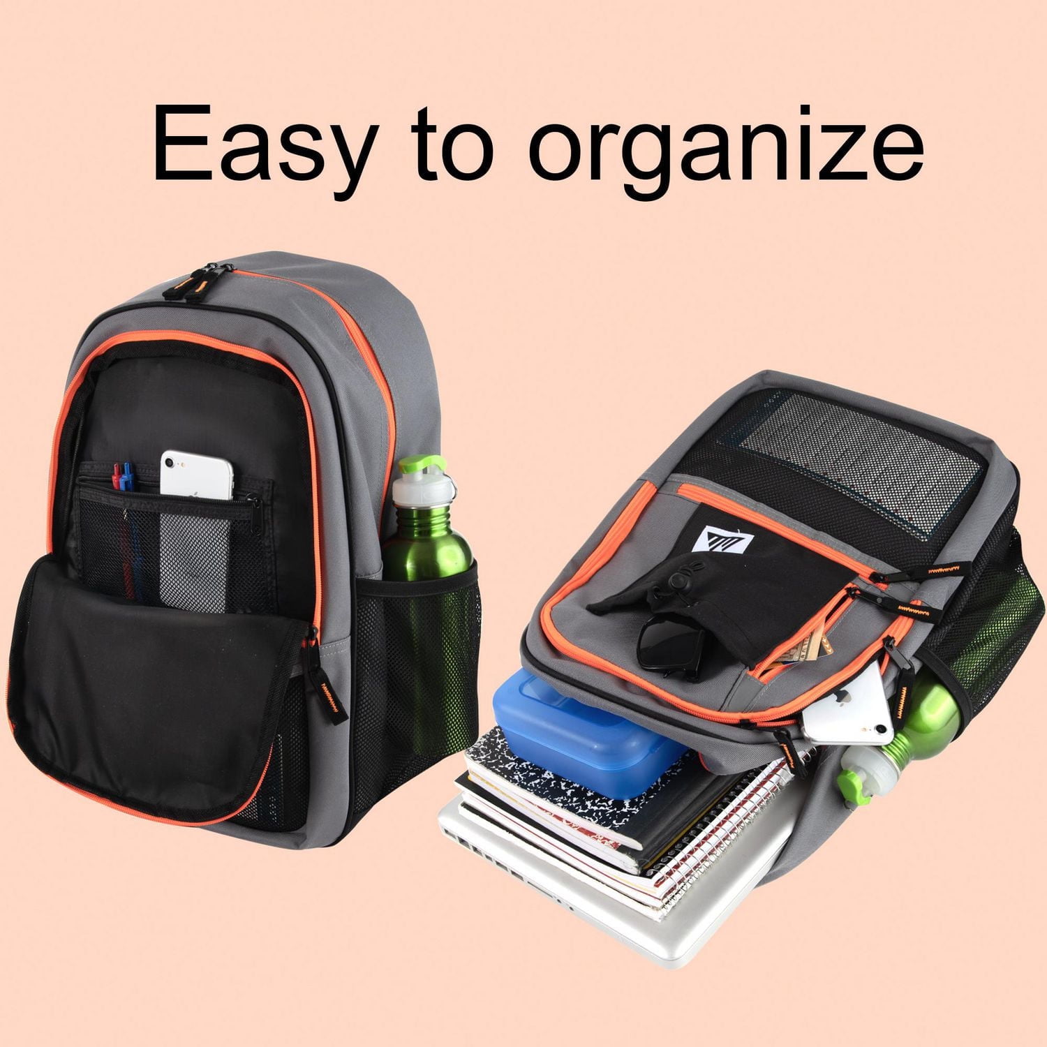 Sac à dos multi-poches Trail Maker avec poche avant zippée en maille, poches latérales en maille, pochette matelassée pour ordinateur portable pour les voyages, les trajets quotidiens, l'école et le g