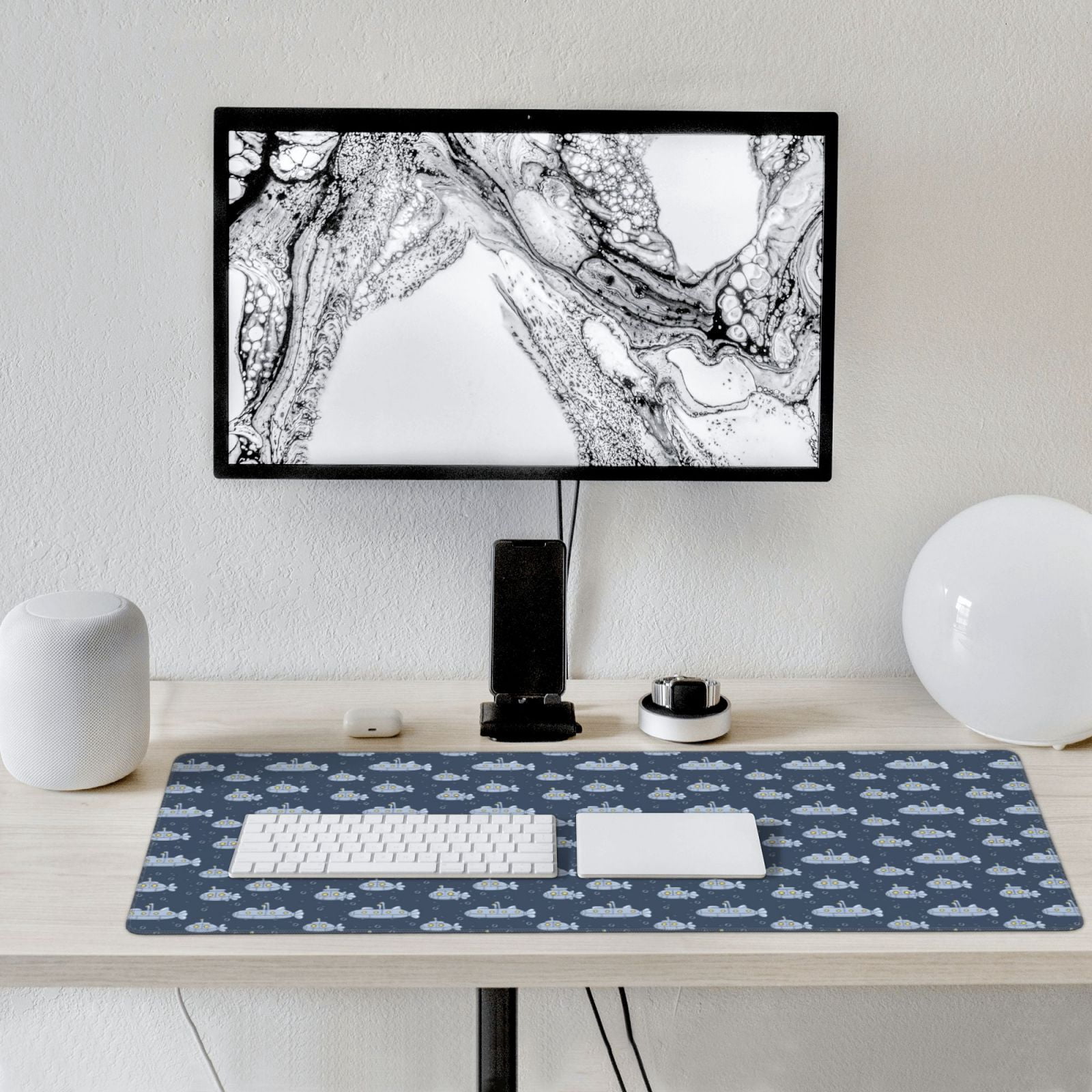 Hirioo Submarine With Periscope for Mouse Pad ,Anti-Slip Base, Durable Stitched Edges, Perfect for Gaming, Office, and Home Use,16x35.5in
