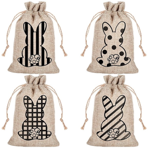 Jiibva 4Pcs Easter Bunny Gift Bag with Drawstring Burlap Linen Goody Bags Cute Bunny Design Easter Bags for Spring Gifts, Party Favors, and Easter Egg Hunt