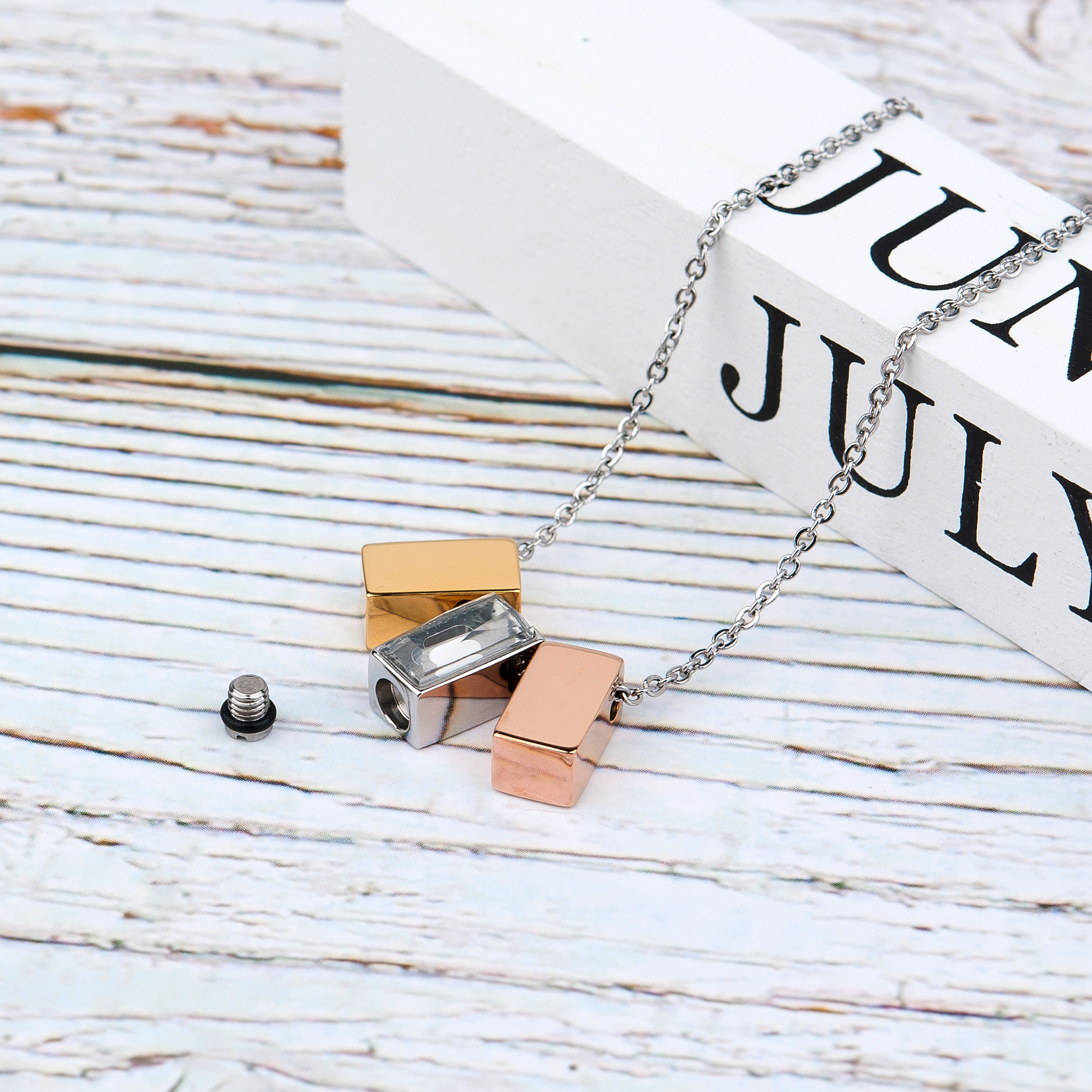Anavia See You Cremation Necklace for Ashes, Mini See Through Urn Necklace, Mini Cube Cremation Pendant, Cremation Jewelry, Memorial Jewelry, Mini Urn w/ Multicolor Cubes-[Gold & Silver & Rose Gold]