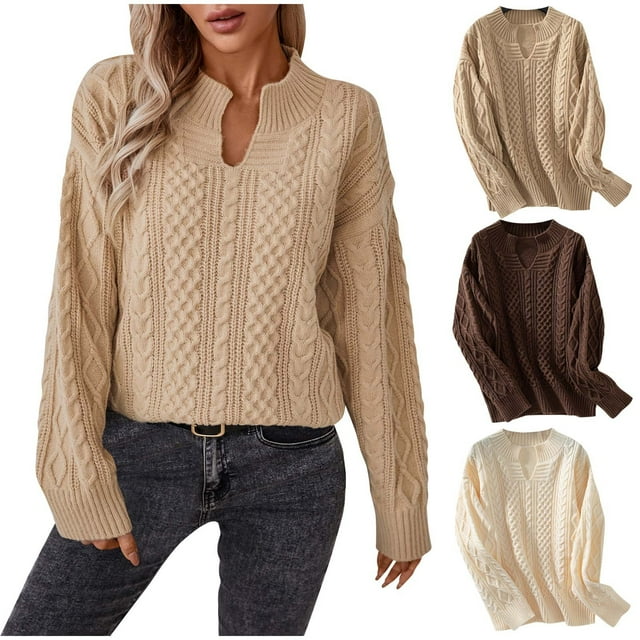 Sentmoon Women Sweaters Long Sleeve Knitted Basic Tops for Woman Plus Size Solid Color Loose Lightweight and Warm Women's Travel Outfits Fall and Winter for Chilly Winter Mornings Khaki XL