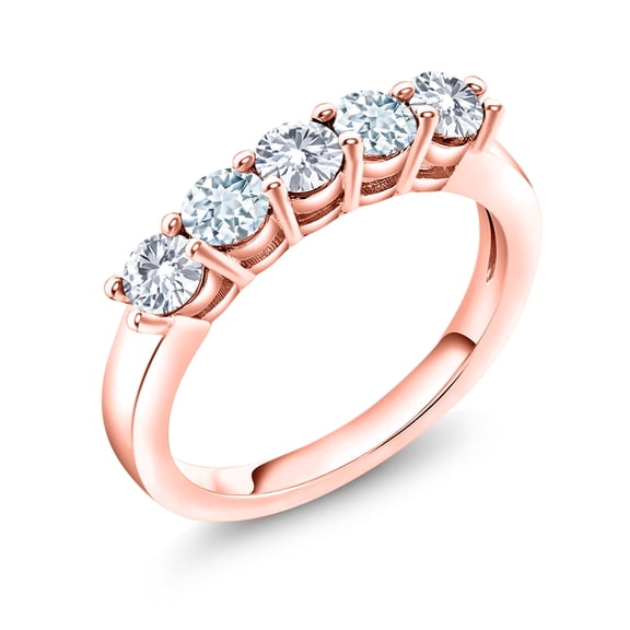 Gem Stone King 18K Rose Gold Plated Silver White Moissanite and Sky Blue Aquamarine 5-Stone Wedding Anniversary Band Ring for Women (0.82 Cttw, Gemstone Birthstone, Size 6)