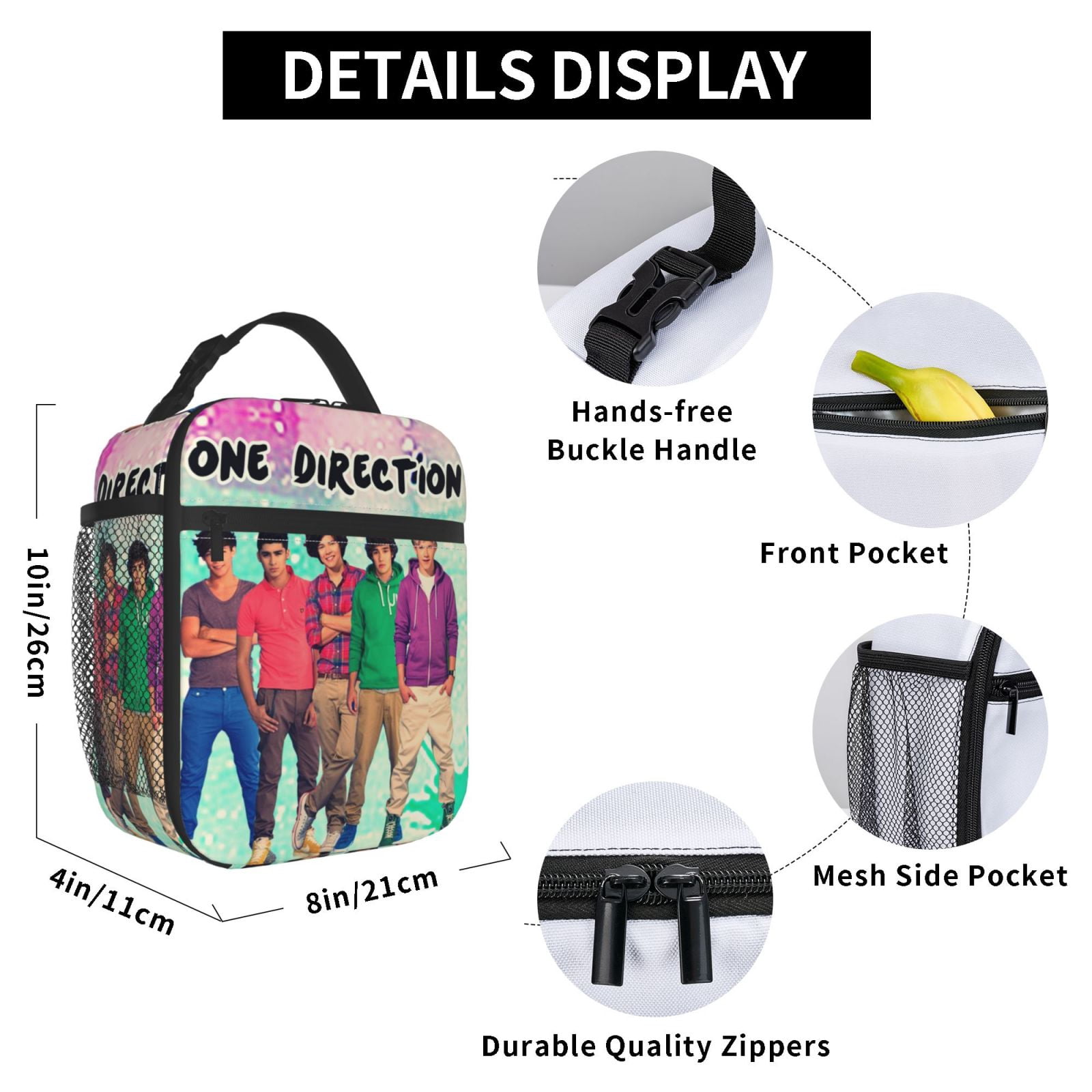 One Direction 1D Lunch Bag Insulated Portable Reusable Lunch Box With Zipper For Picnic Work Office Travel