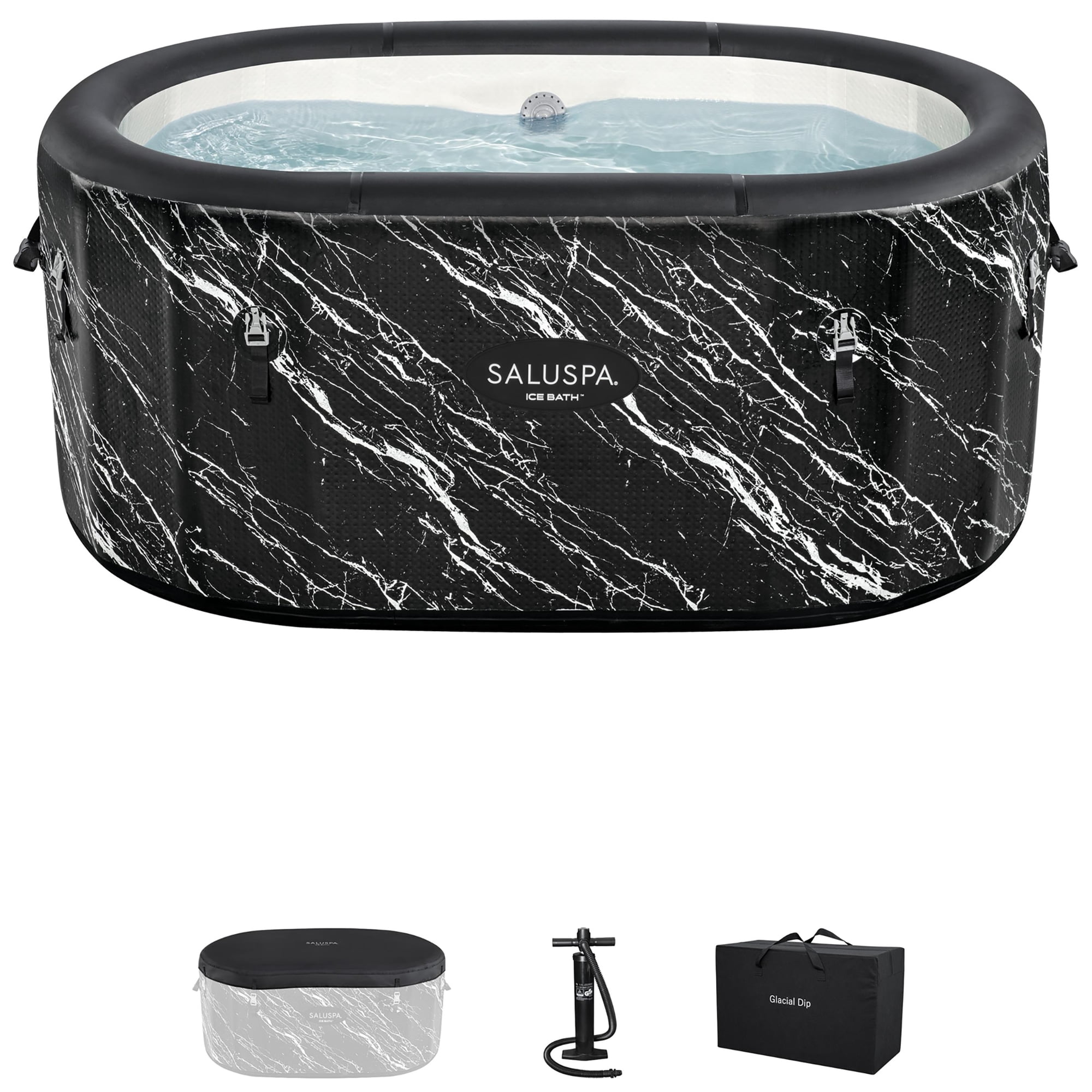 SaluSpa: Glacial Dip - Cold Plunge Inflatable Tub - 60x36x28", Black Marble, Ice Bath, FortiFiber, Polar Shield Year Round Use, Cover & Storage Bag