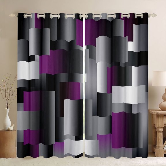 Feelyou Grey Purple Square Black Out Curtains, Abstract Curtains Pack of 2 (42x63 Each)