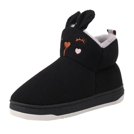 

SEMIMAY Women s Winter Cotton Shoes Thickened Velvet Cotton Slippers Cartoon Cute Rabbit Casual Cotton Shoes Black
