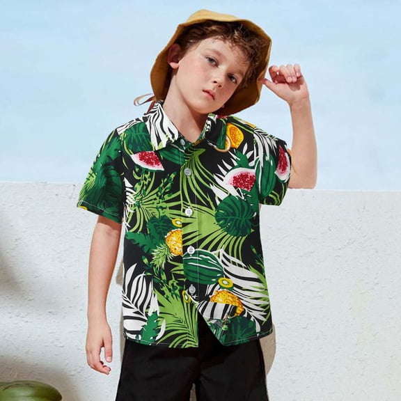 SOFTCCLO Boys Shirts Short Sleeve Lapel Collar Button Down Tops Tropical Hawaiian Floral Beach Vacation Casual Kids Shirts Size 2-3Y