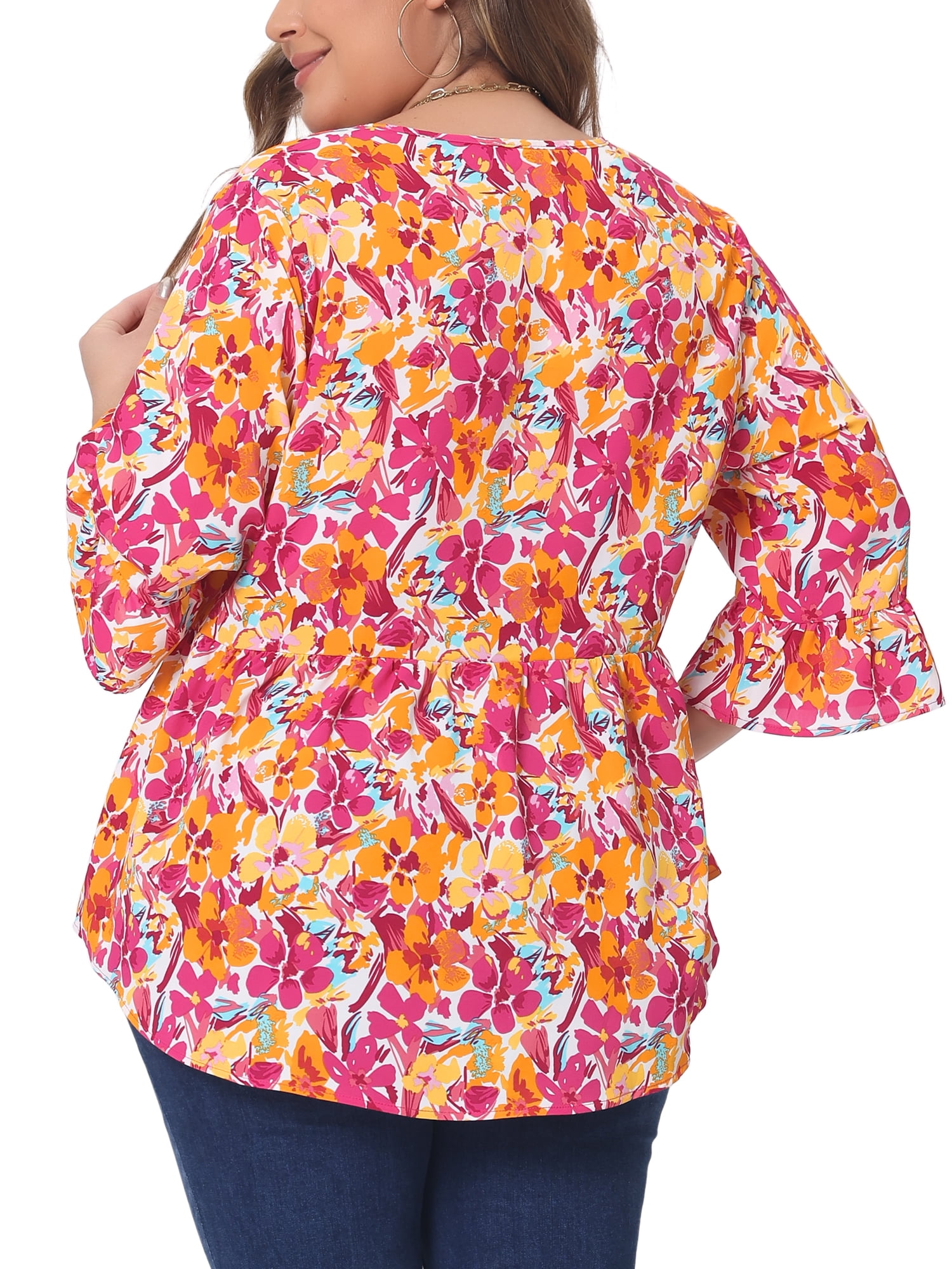 Women's Plus Floral Blouses V Neck Ruffle 3/4 Sleeve Babydoll Peplum Tops 4X Orange
