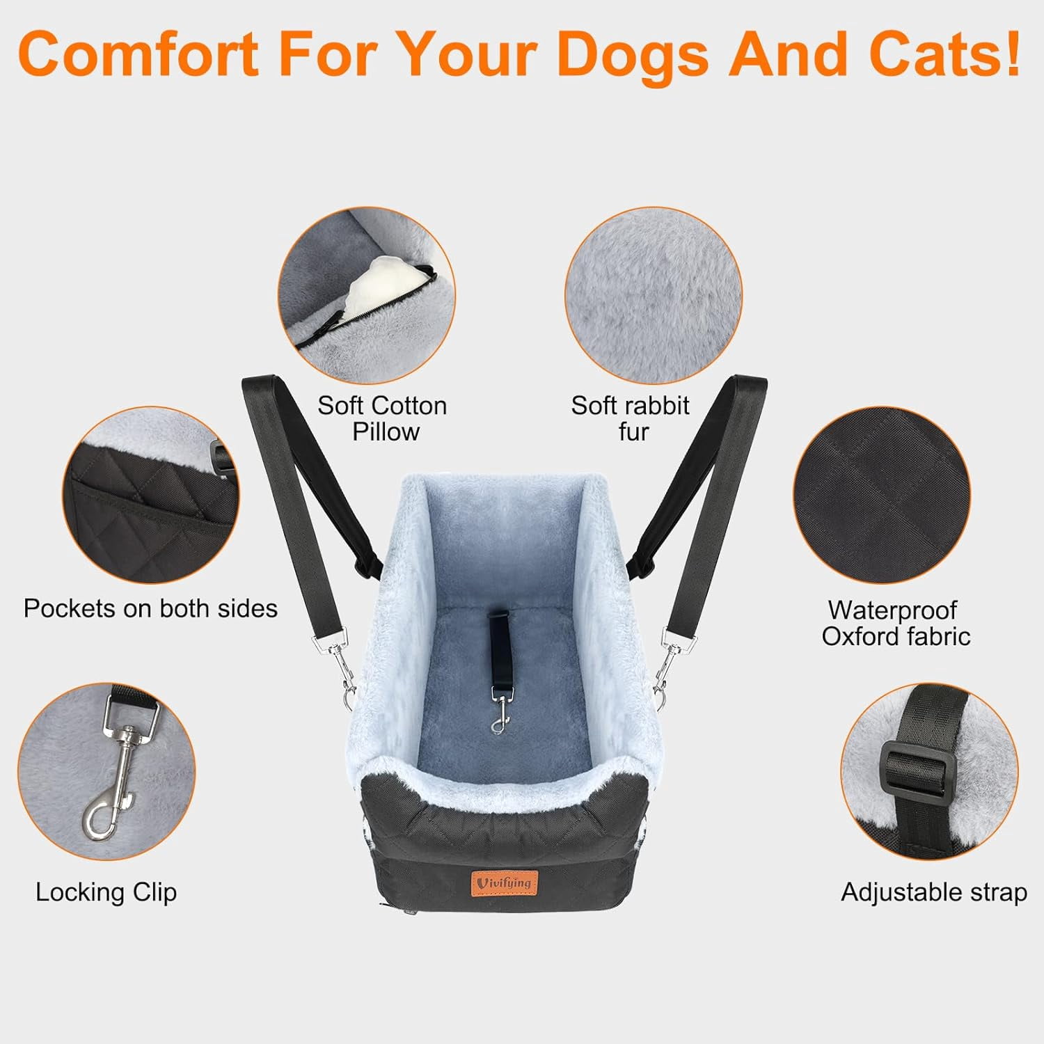 Center Console Dog Car  for Small Dogs  to 10 lbs, Plush Pet Booster  with Safety Leash, Adjustable Straps, Storage Pocket, Portable Car  for Puppies, Black &