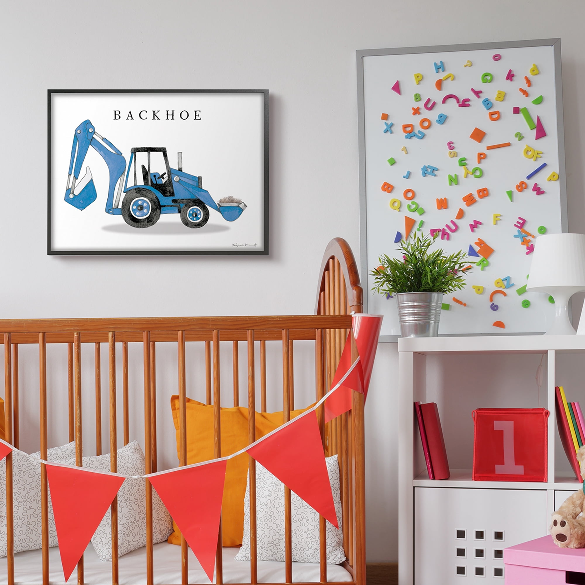 Stupell Industries Blue Backhoe Construction Truck Demolition Vehicle Transportation Painting Black Framed Art Print Wall Art, 24 x 30