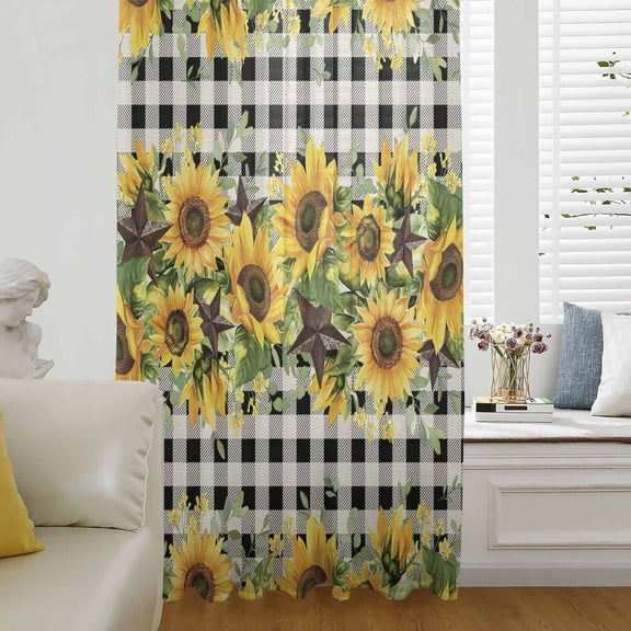 Sunflower Semi Sheer Curtains Drapes for Living Room, Bedroom, French Doors Window 72 Inches Long, Rustic Brown Country Star Black Checkered Rod Pocket Chiffon Curtain Drapery Voile Draperies Panel