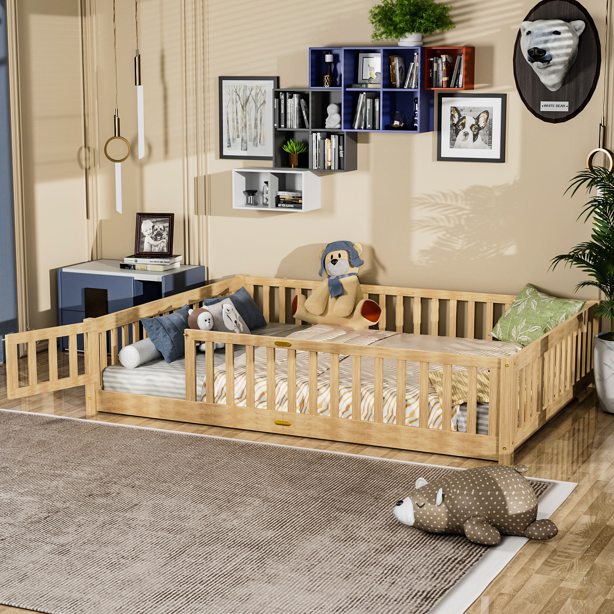 Miniyam Queen Size Toddler Floor Bed with Fence, Natural
