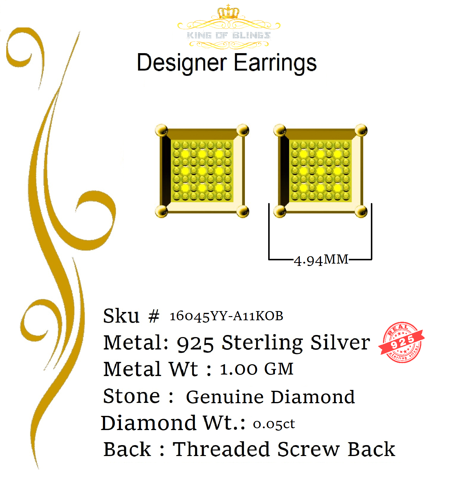 King of Bling's 0.05ct Diamond Yellow 925 Sterling Silver Stud Women's / Men's Square Earrings