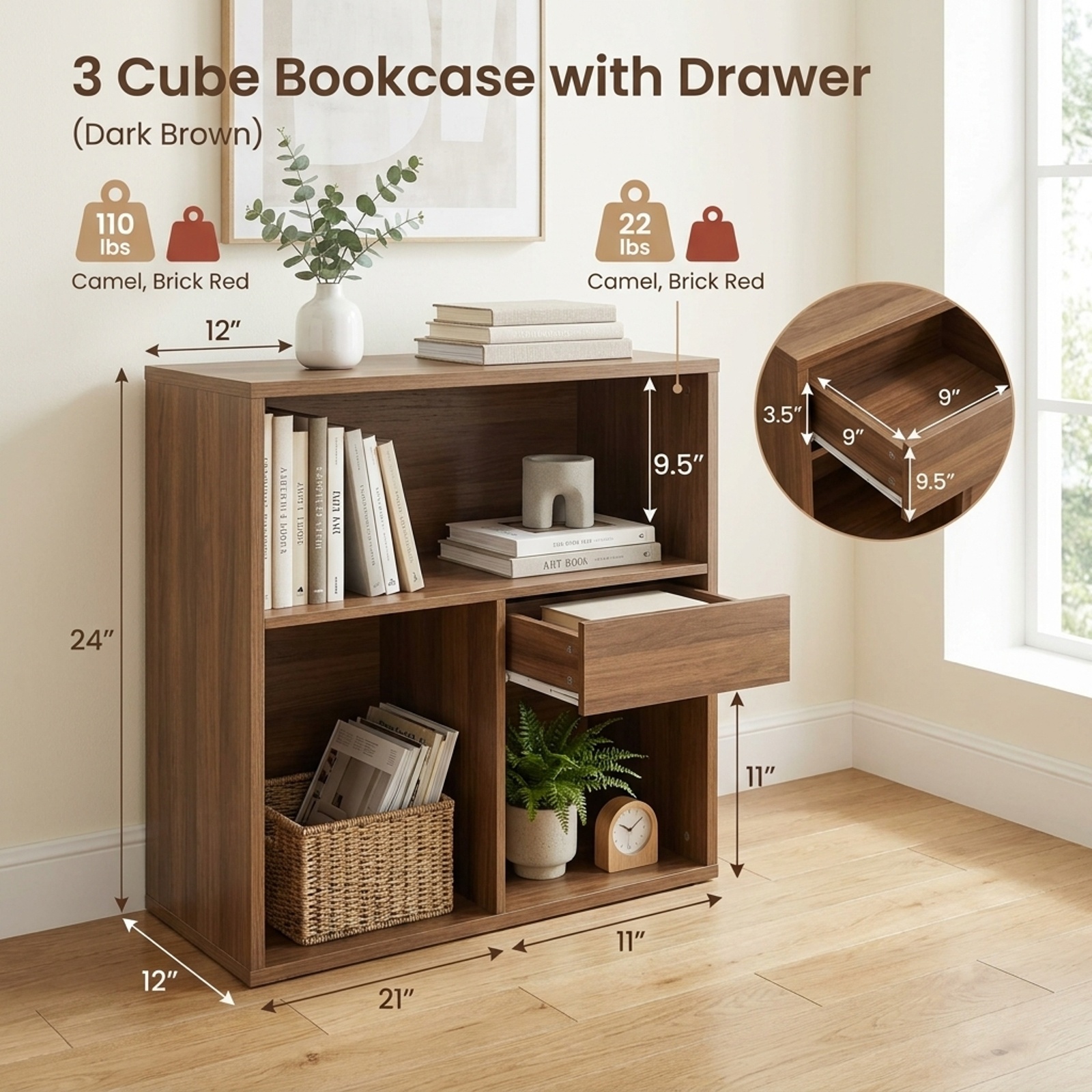 Furnibear 3-Cube Bookcase 2-tier Wooden Storage Shelf with Pull-out Drawer for Living Room Home Office Bedroom Display Storage Shelf, Natural