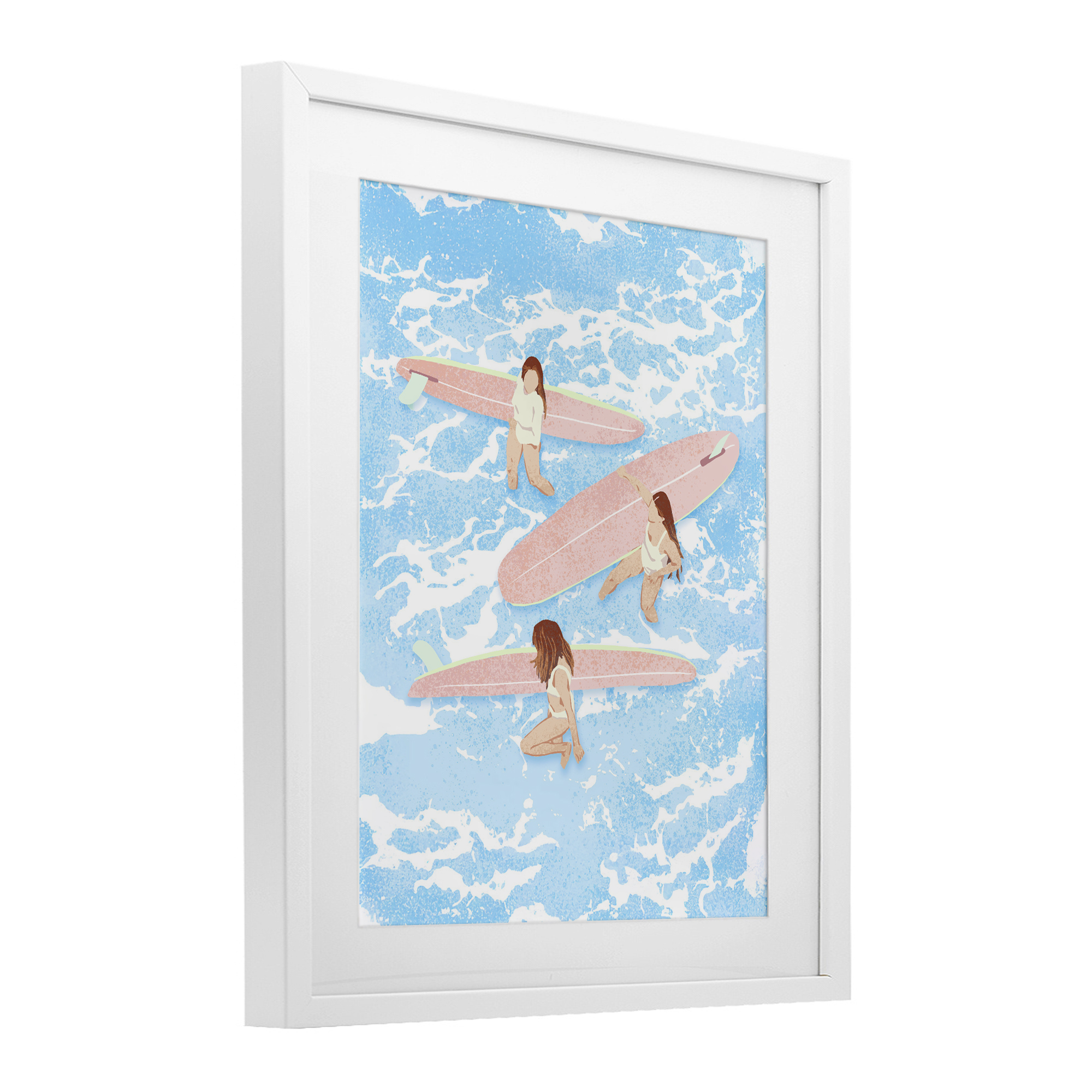 Surfing Girls Trio White Framed Print Under Glass, design by Ziwei Li