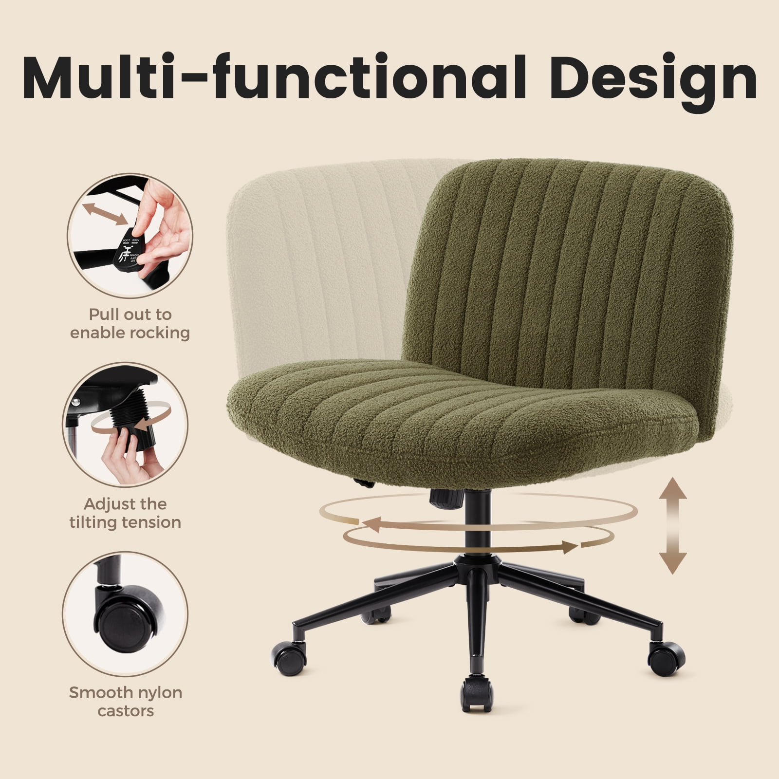 Soft Fabric Armless Wide Seat Office Chair,Criss Cross Legged Desk Chair with Wheels,Height Adjustable Computer Task Chair,Wide Seat Swivel Vanity Chair for Home,Office,Bedroom, Make Up