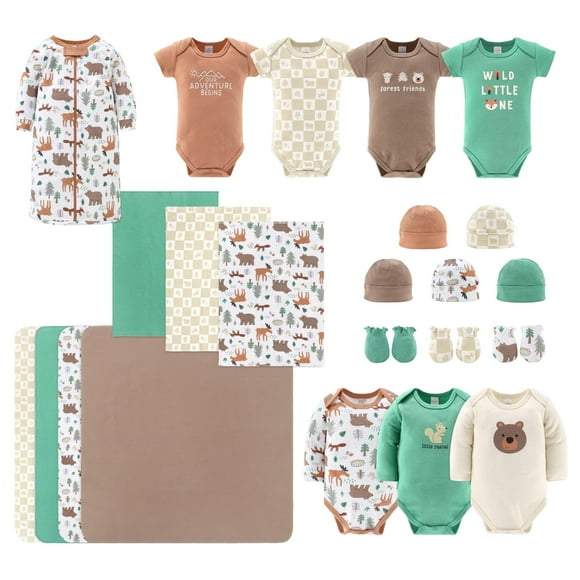 The Peanutshell Newborn Baby Layette Gift Set for Baby Boys, Woodland Animals, 23 Essential Pieces, 0-3 Months