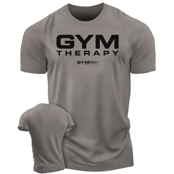 Gymish Gym Therapy Workout Shirt for Men – Motivational Funny Gym Tee, Athletic Gym Wear, Warm Grey, Small
