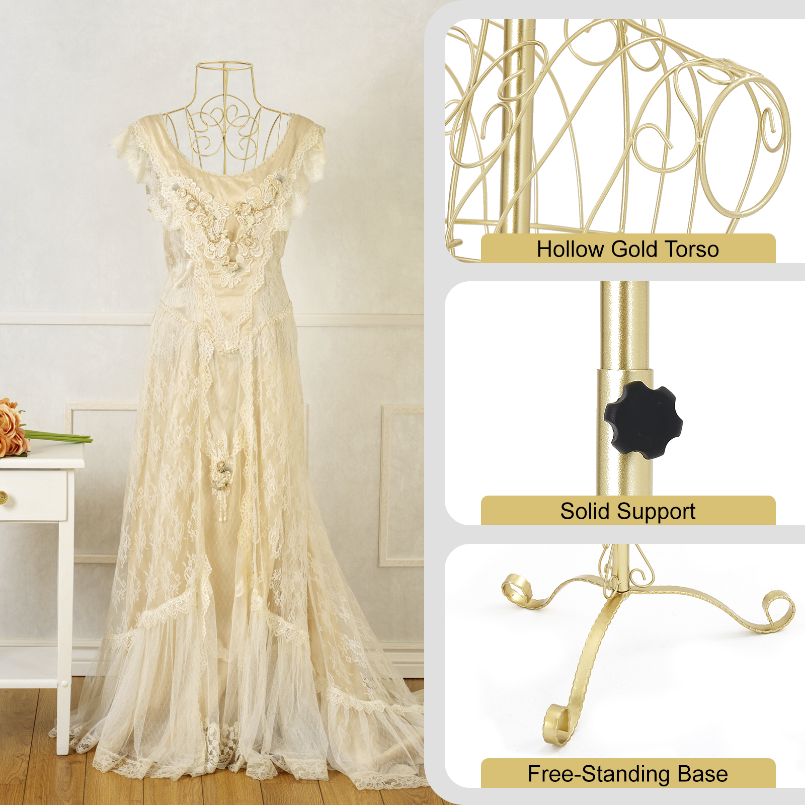 Dress Form Mannequin Torso with Metal Stand, Adjustable Height Female Manikin Torso for Clothing Display, Gold