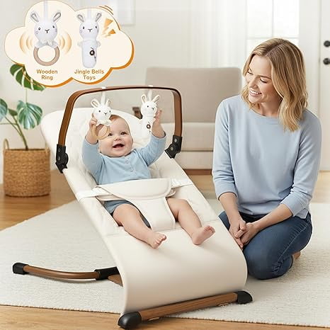 3 in 1 Baby Bouncer (Sit, Play & Relax),3 Recline Positions,Foldable Baby Rocker Chair W/ Removable Wooden Bar for 0-12 Months Infant & Toddler,Beige