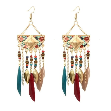 Leather Feather Earrings - Iuhan Women Bohemian Fan-shaped Beaded Tassel Feather Earrings