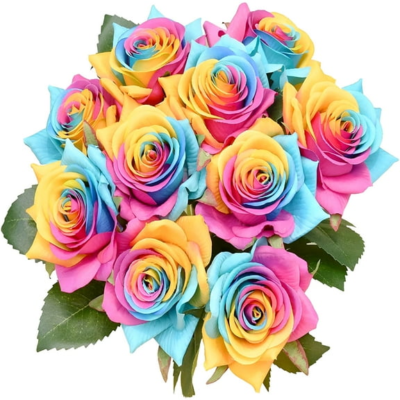 ZULAR 10pcs Rainbow Fake Flowers Artificial Silk Rose Flowers 15" for Valentine’s Day,Mother's Day,Easter,Home Decoration,Bridal Wedding Bouquet,Parties,and Halloween Decorations