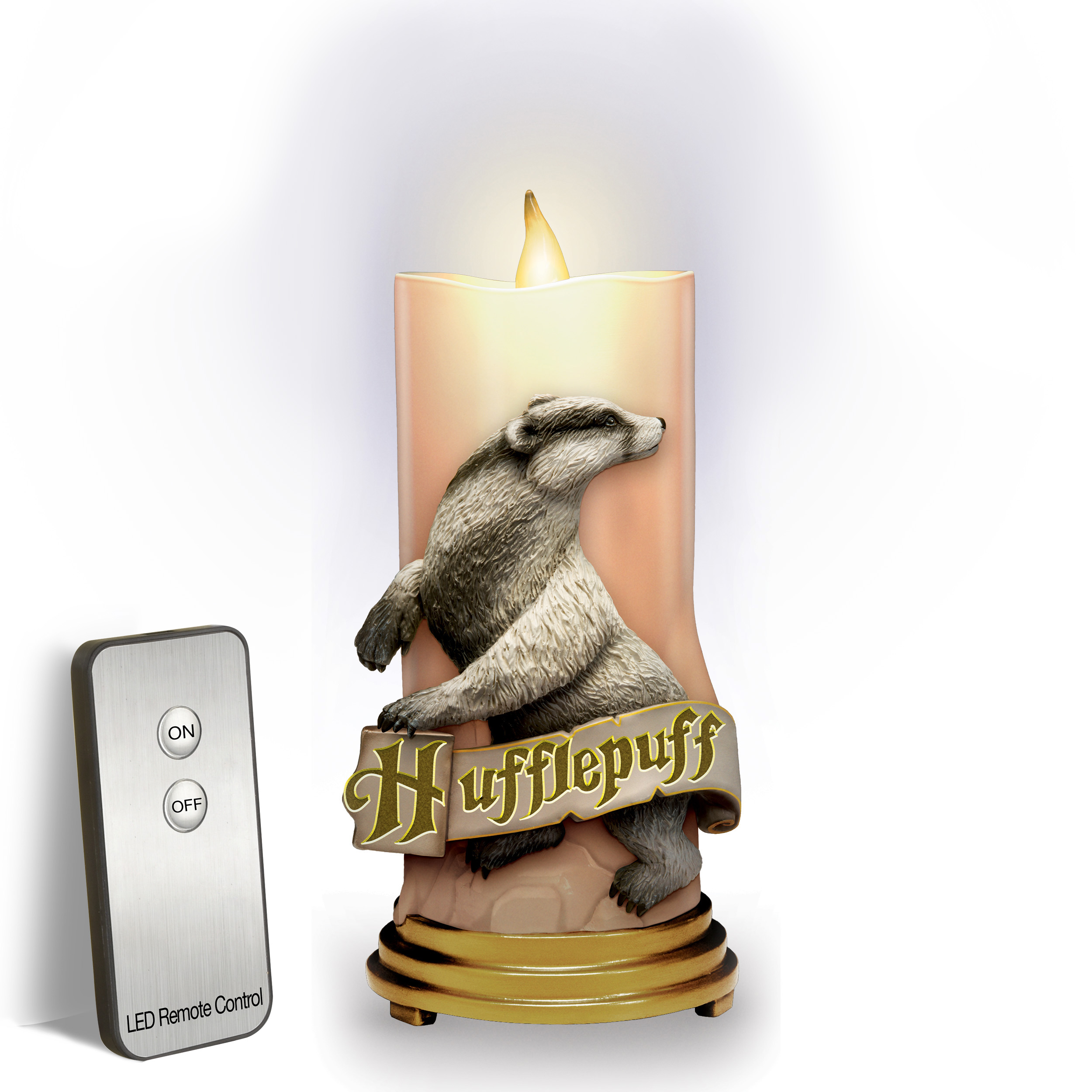 The Bradford Exchange HUFFLEPUFF™ Harry Potter™ Hogwarts House Flameless LED Candle Collection Issue #1 High-Relief Sculpted House Mascots and Colors Remote-Controlled Illumination Magic 7-inches