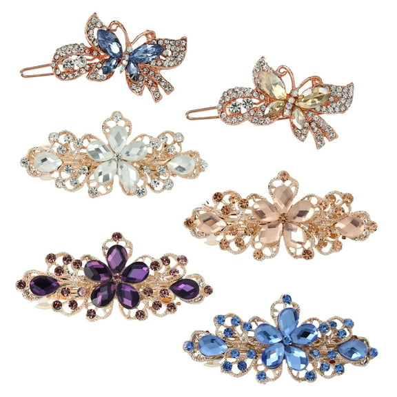 6 Pack Fancy Flower Butterfly Leaf Hair Clips with Jeweled Gems Crystal Rhinestone Pearl Glitter Sparkly Metal Barrettes Snap Hair Pins Bun Ponytail Holder Hair Accessories or Women Girls