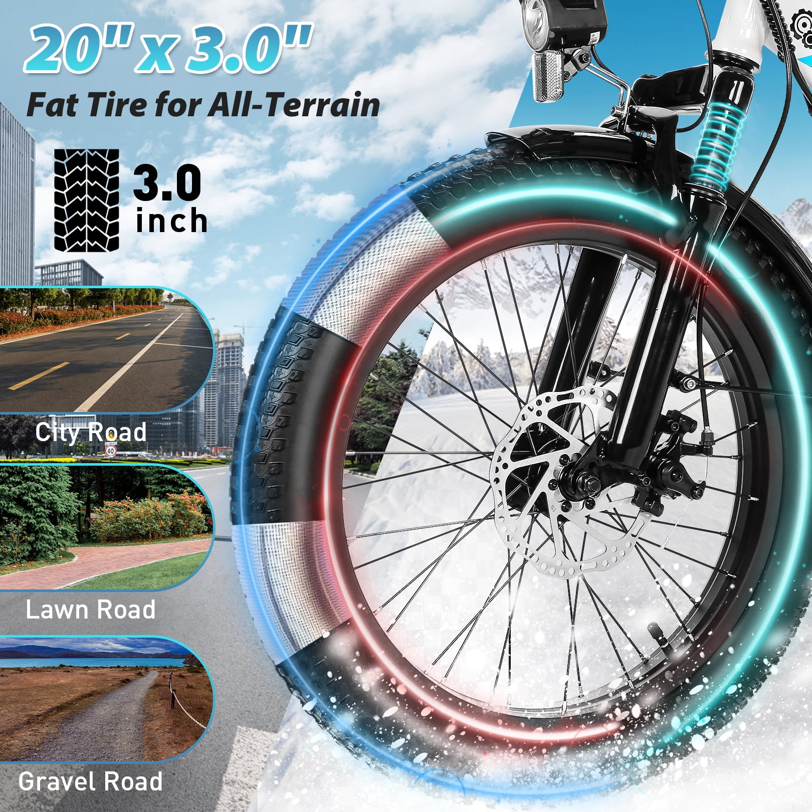 Gocio 20" Folding Electric Bike for Adults, 750W Peak Motor Fat Tire Commuter Ebike, 48V 10.4Ah Battery, 7 Speed, UL2849