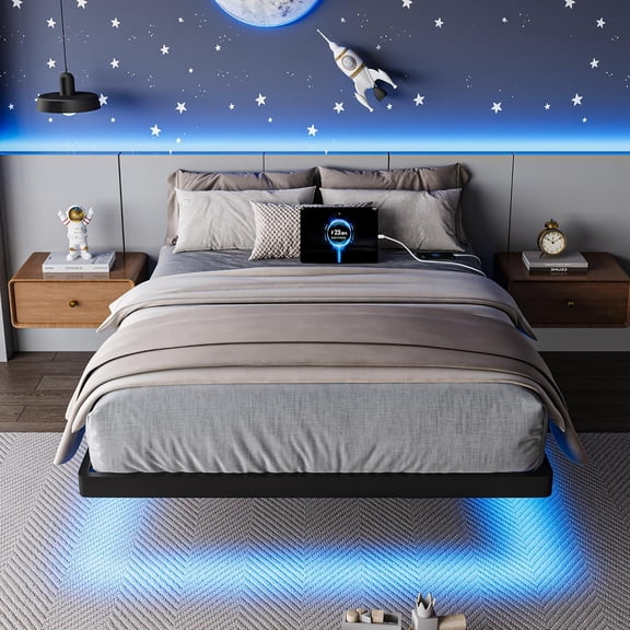 Einhomn Metal Floating Bed Frame with LED Lights and Charging Station, Twin Size