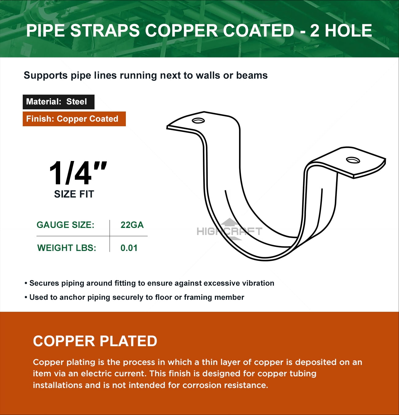 Highcraft Pipe Strap U Bracket 1/4" Steel Coated Copper, 200 Pk