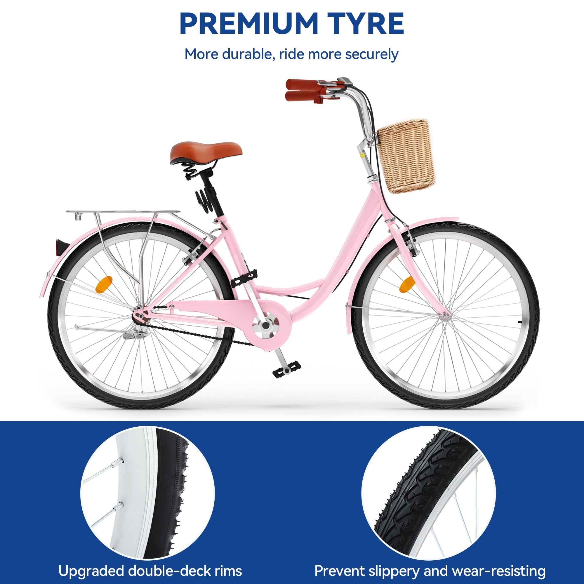 Uforic 26'' Beach Cruiser Bike for Adults - 1-Speed Commuter Bicycle, Adjustable Comfort Seat in Fresh Pink - Easy-Ride Design