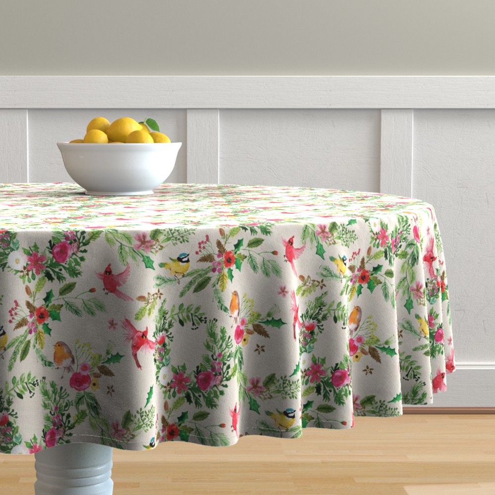 Round Tablecloth Red Floral Birds Christmas Xmas Holiday And White Cotton Sateen