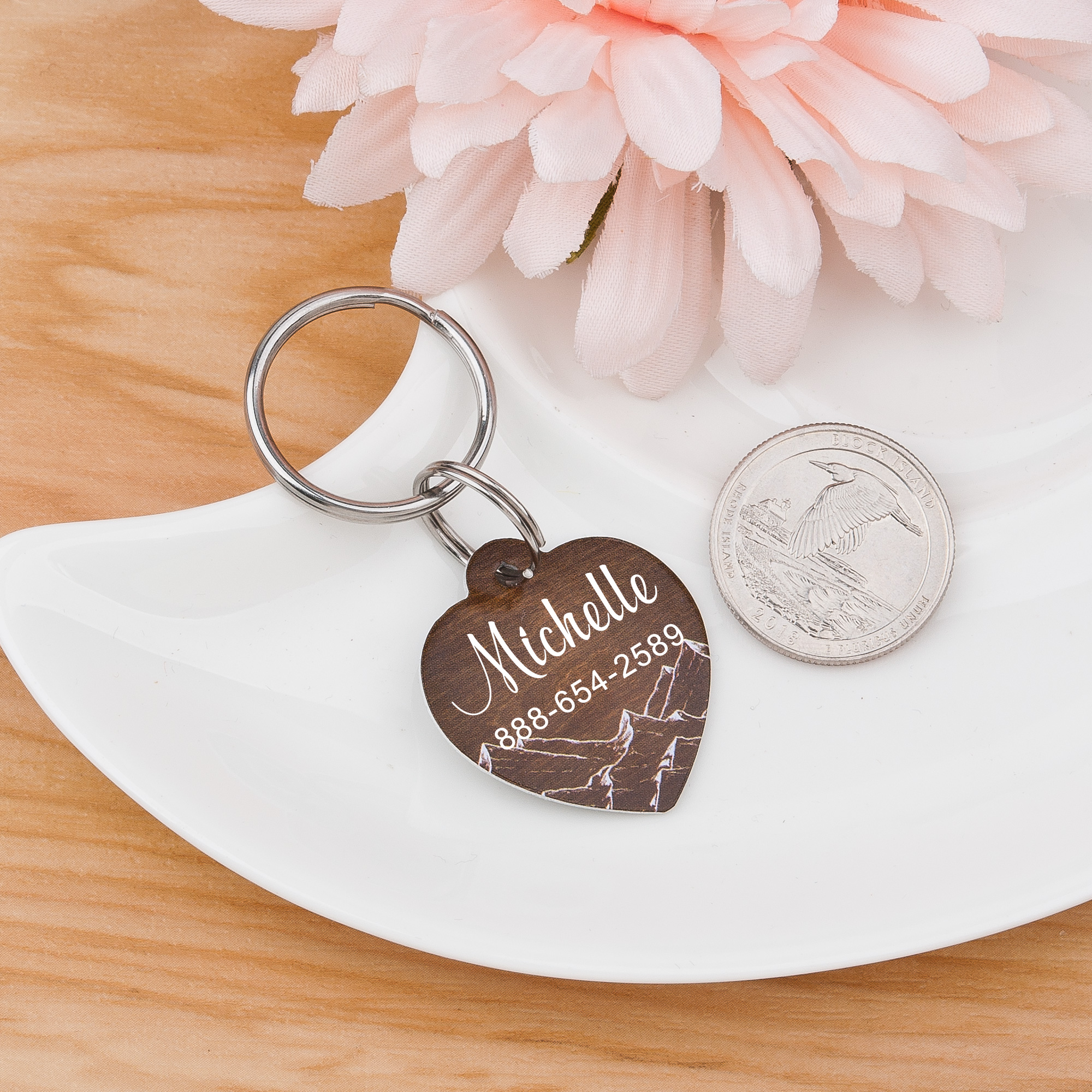 Engravable Wood Dog Tag, Personalized Wood Mountain Dog Tag, Heart Pet ID Collar Tag, Custom Dog Tag, Engravable Aluminium Tag For Dog or Cat, with Velvet Pouch Ships Next Day!
