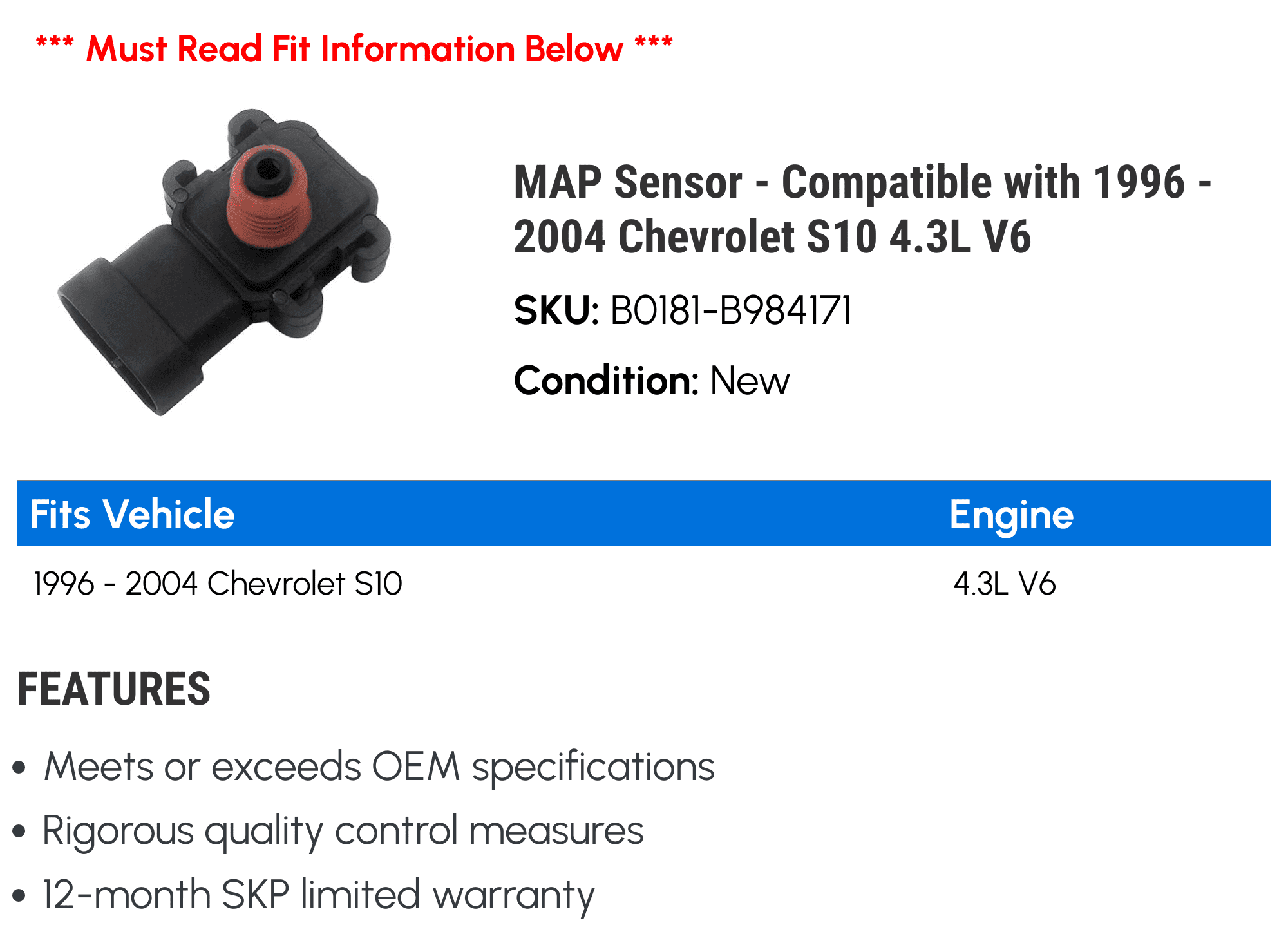 MAP Sensor - Compatible with 1996 - 2004 Chevy S10 4.3L V6 1997 1998 1999 2000 2001 2002 2003