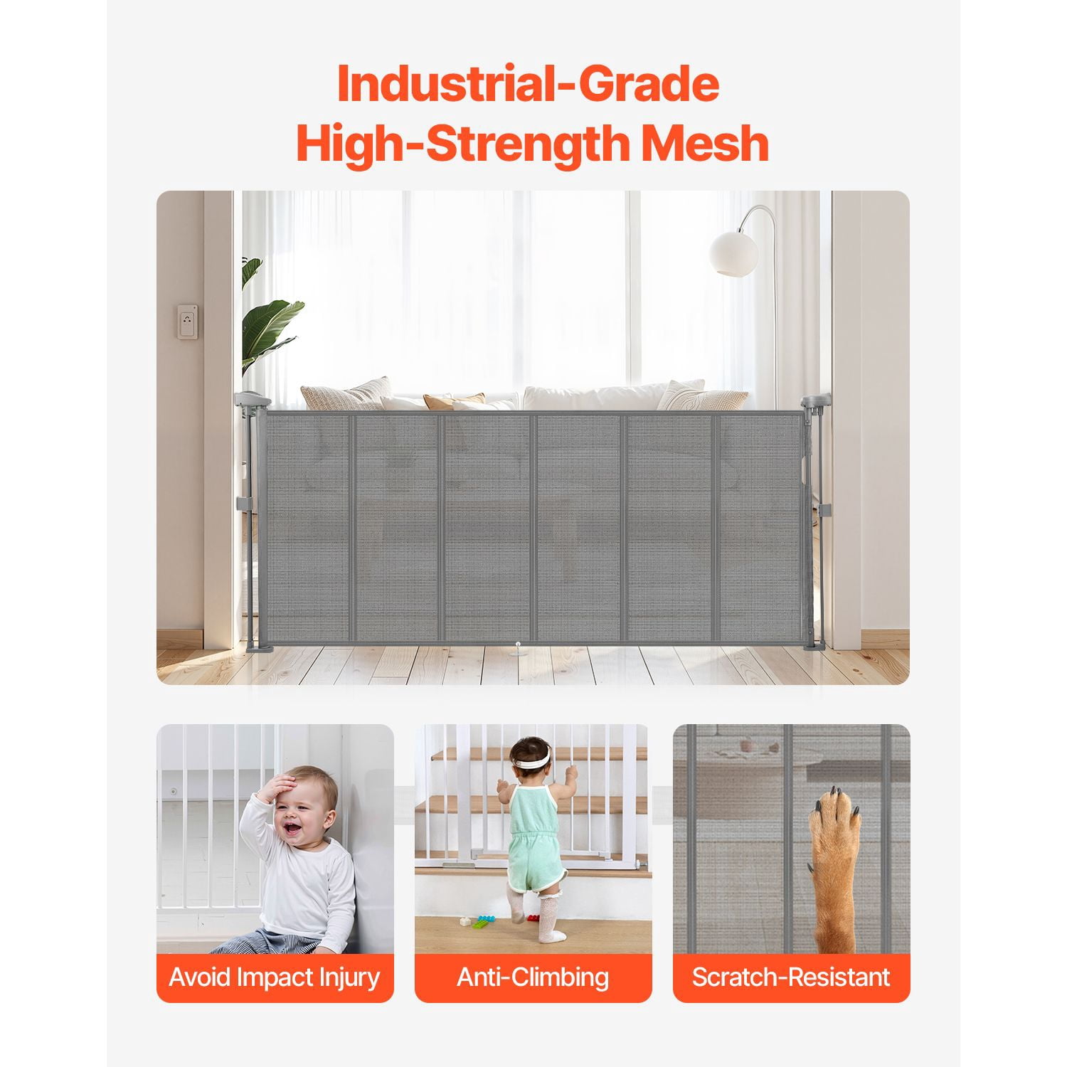 Retractable Baby Gate 34" Tall x 71" Wide, Gray Mesh, Anti-Crawl Bottom Strip, One-Hand Operation, for Indoor Stairs Doorways