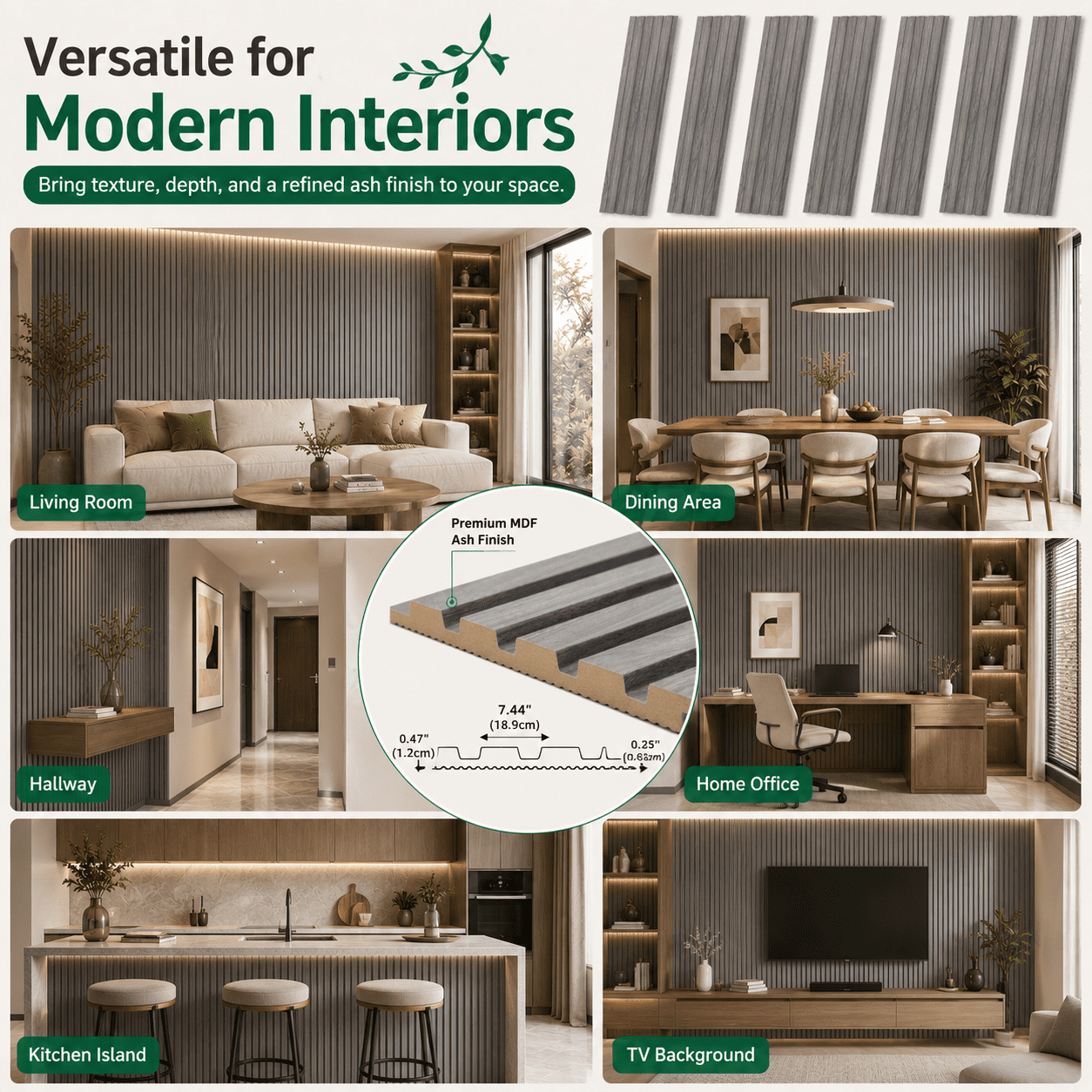Yeslife 6 pcs Slat Wall Panels, 94.49 x 7.44 in, Ash MDF, 3D Decorative Design for Interior Walls and Ceilings