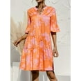 thumbnail image 5 of Women V Neck Short Sleeve Floral Babydoll Mini Dress Ruched Ruffle Loose A-line Short Dress Boho Flowy Beach Swing Dress, 5 of 6