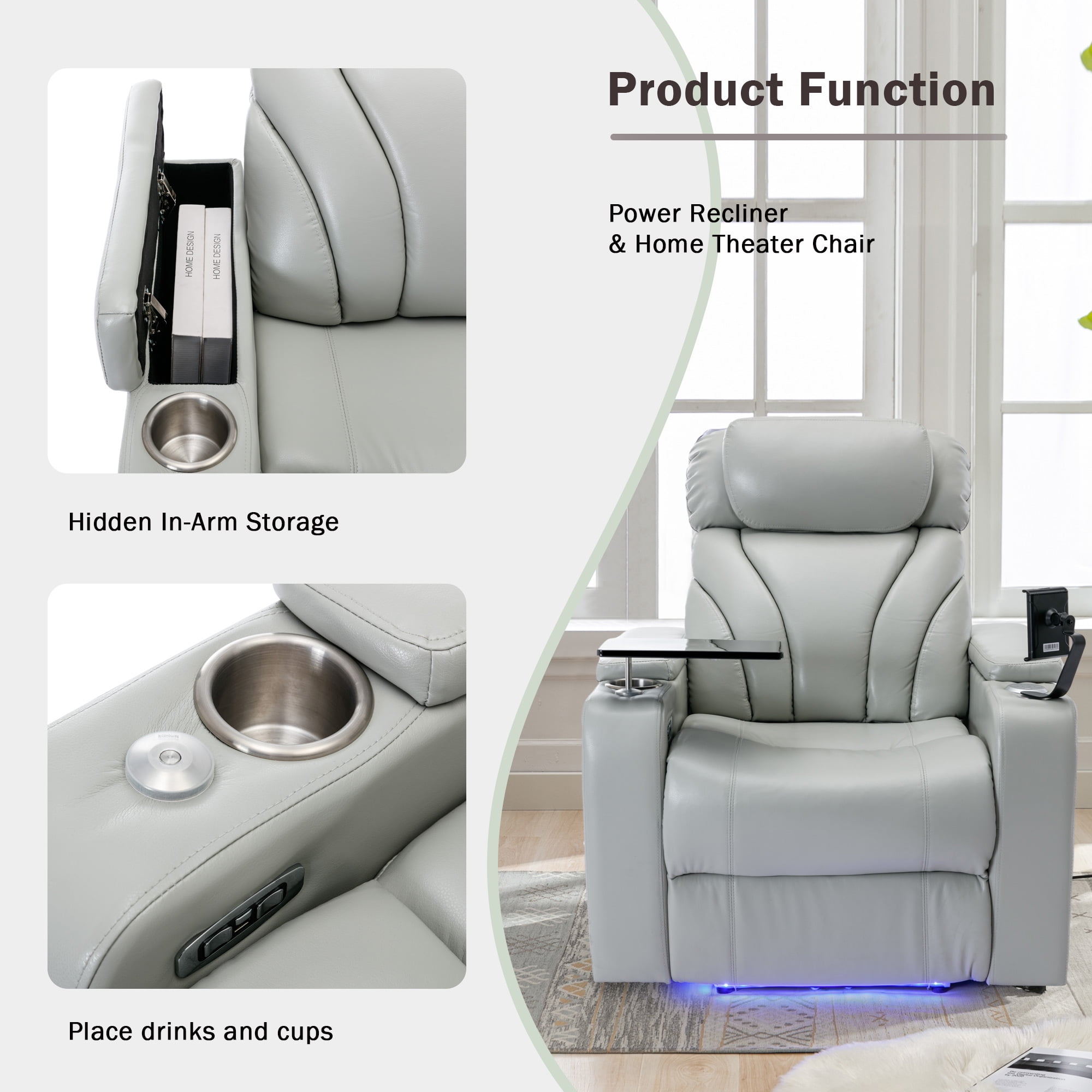 Harper & Bright Designs Electric Power Motion Recliner Chair with USB Charging & Bluetooth Speaker, Recliner w/ Hidden Storage, Cup Holders, Home Theater Living Room Chair, Light gray