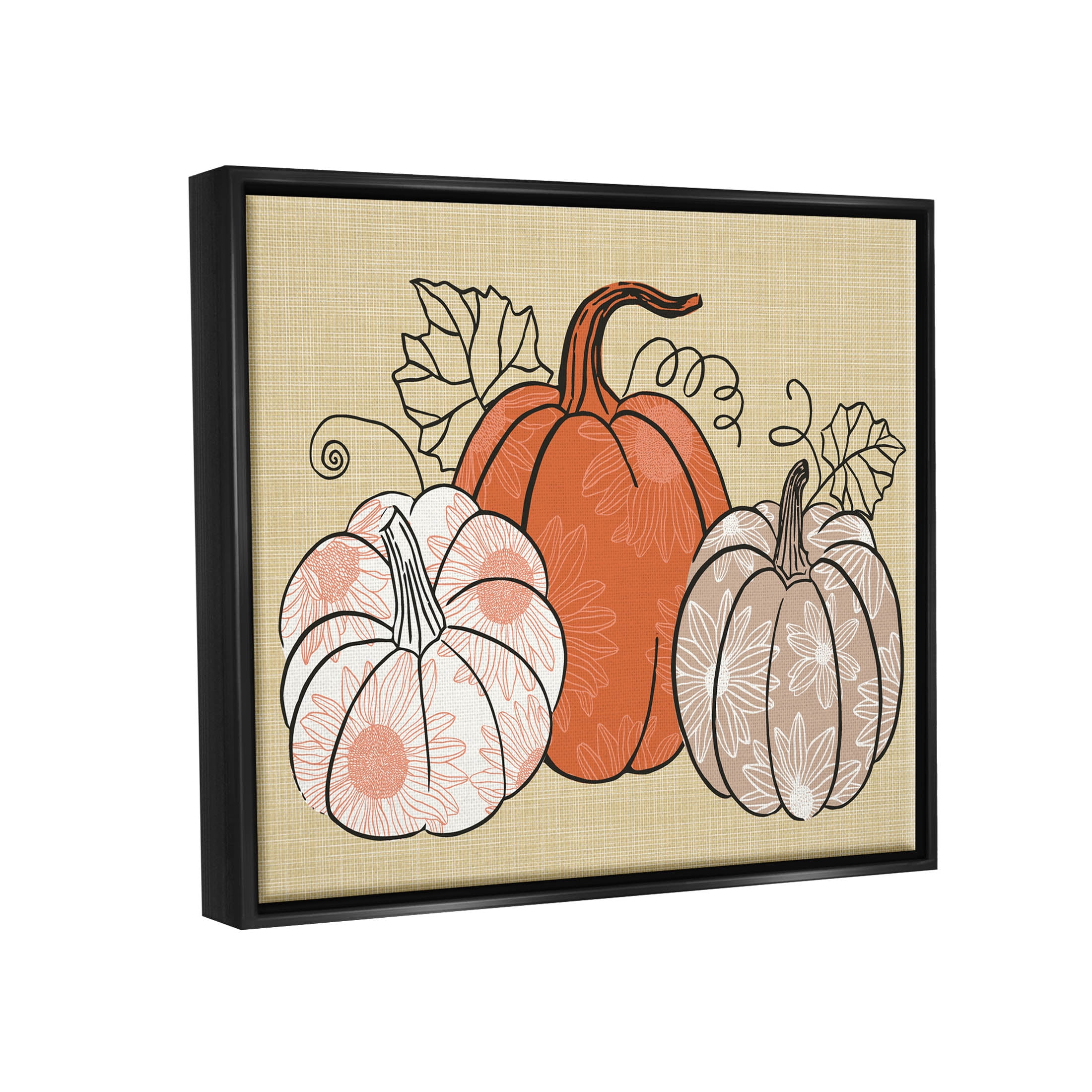 Autumnal Pumpkins Sunflower Pattern Holiday Graphic Art Jet Black Framed Art Print Wall Art