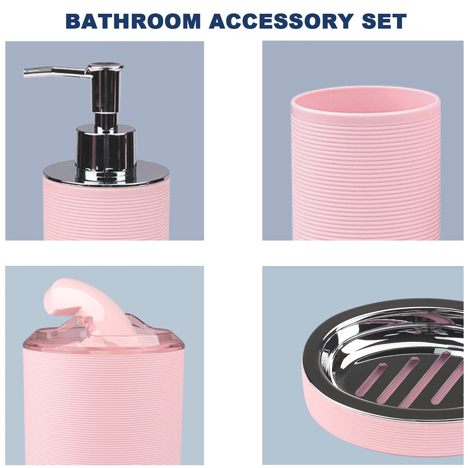 CERBIOR 6 Pcs Bathroom Accessories Set with Soap Dispenser, Toothbrush Holder, Tumbler, Soap Dish, Trash Can and Toilet Brush (Pink).
