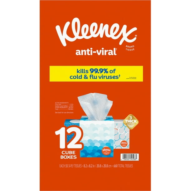 Kleenex AntiViral 3Ply Facial Tissues, Cube Boxes (55 tissues/box, 12 boxes)