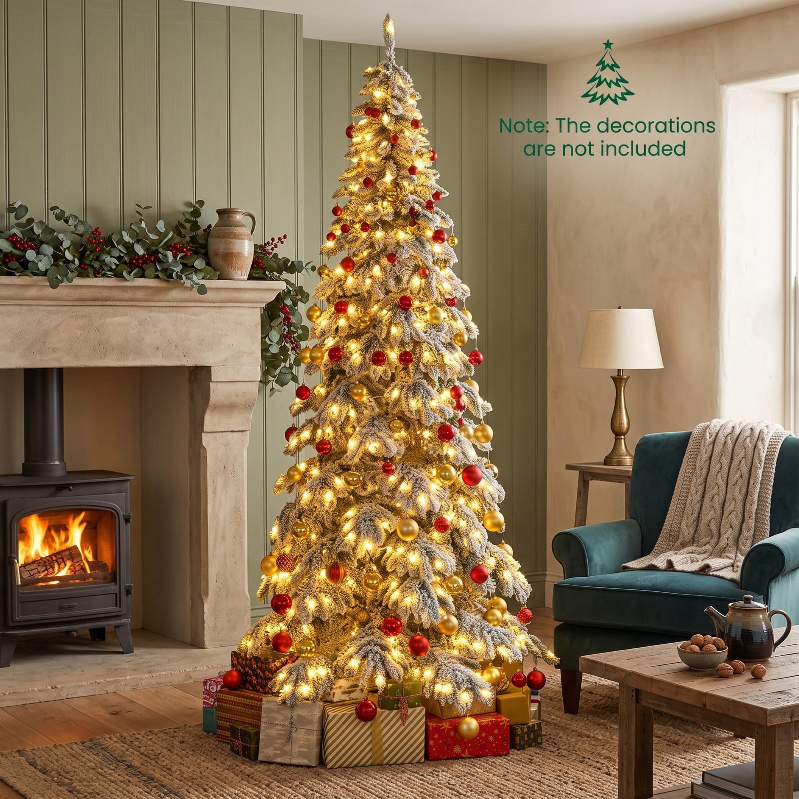 RUIE 9 FT Pre-Lit Artificial Christmas Tree, Snow Flocked Hinged Xmas Tree with 500 Warm White LED Lights, Quick Power Connectors and Foot Pedal Switch, Metal, White